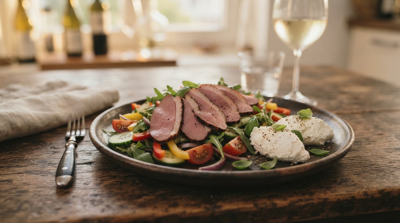 Salade van gerookte eendenborst met groenten en geitenkaas