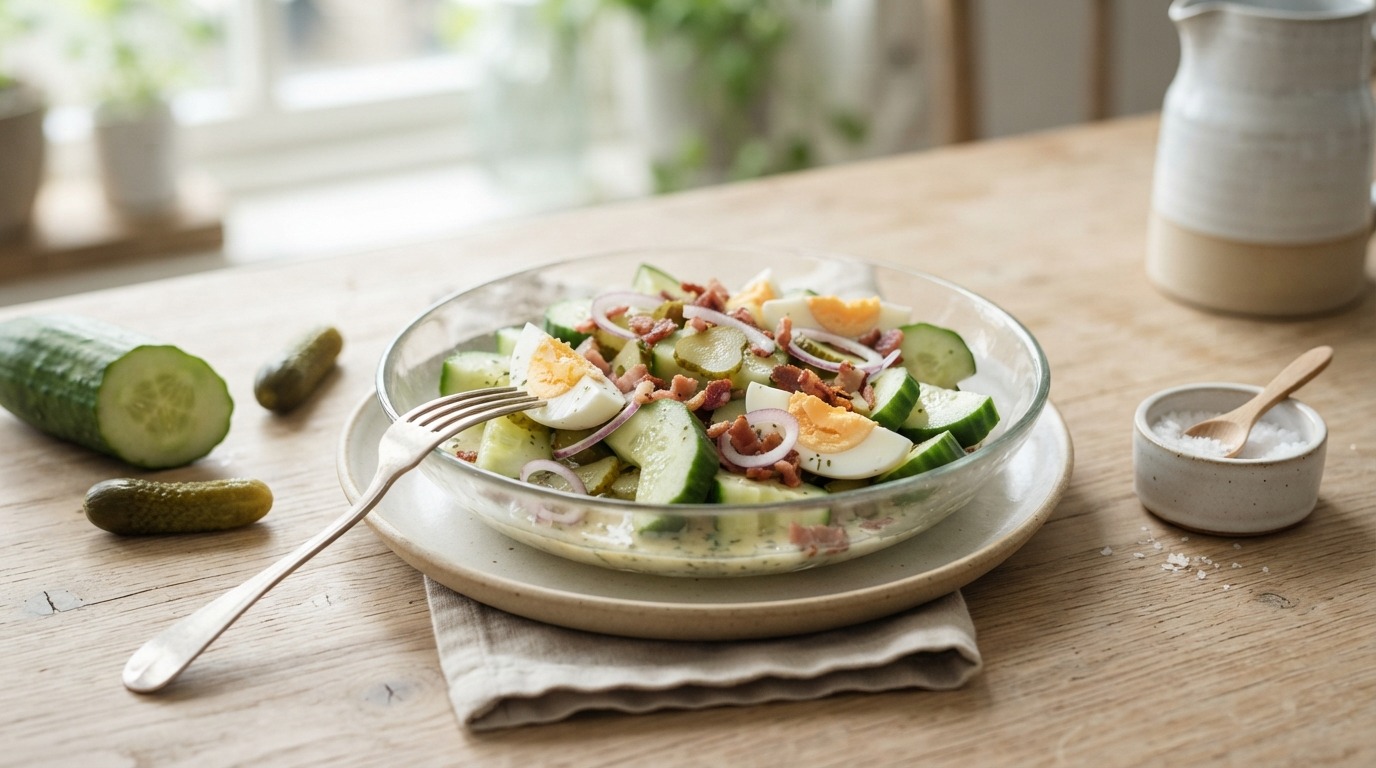 Salade van komkommer, ei, augurk en spekjes