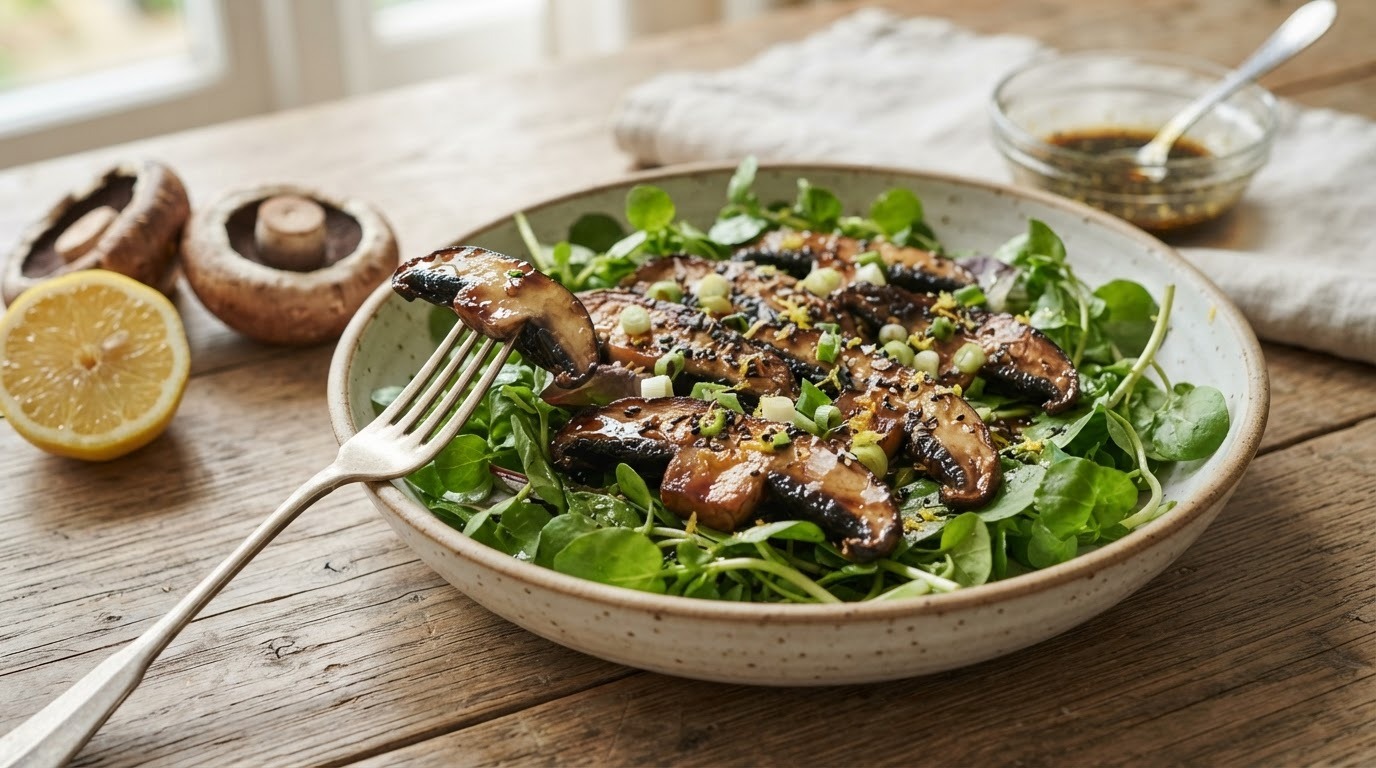 Salade van portobello met kruidige sojadressing