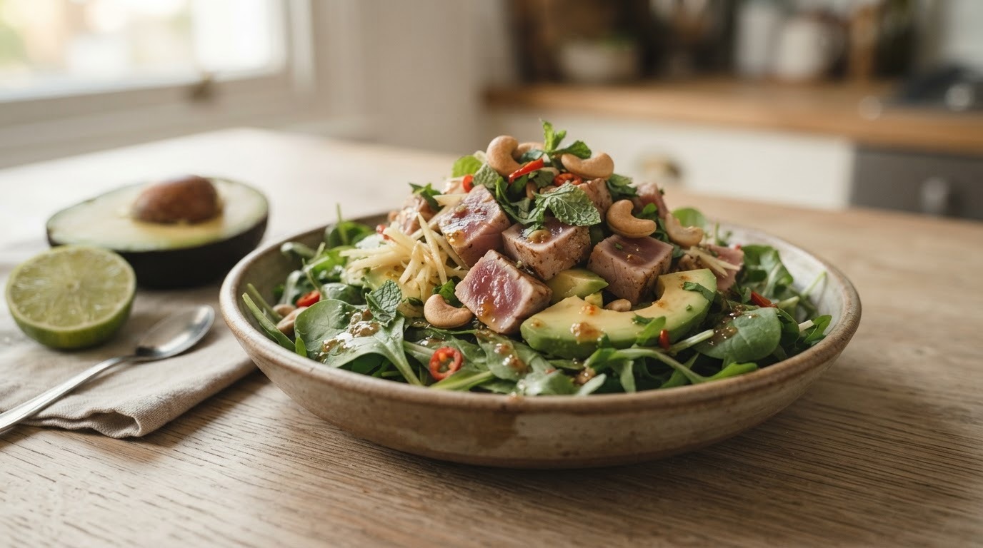 Salade van rauwe tonijn met avocado, gember en Thaise chilidressing