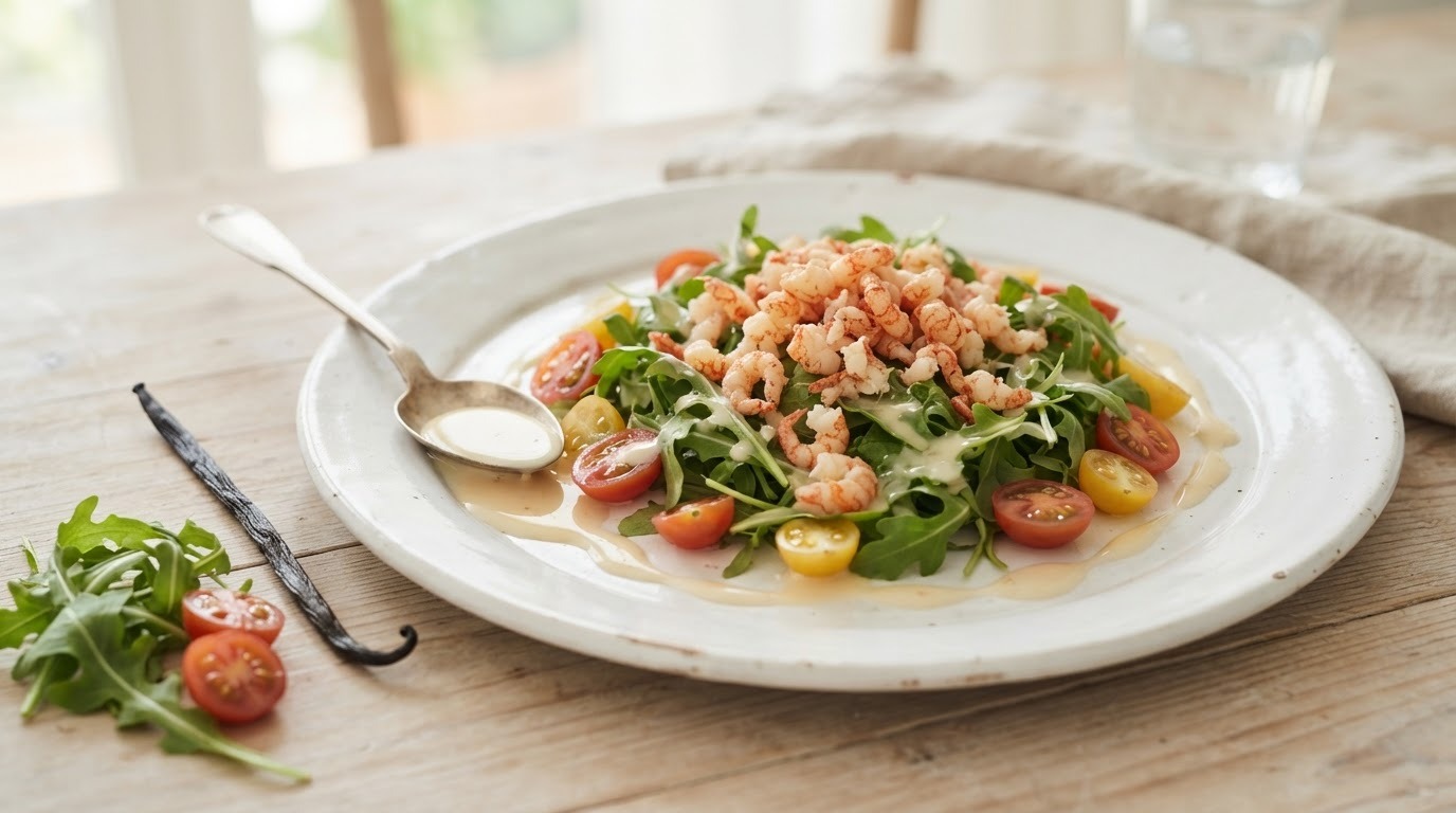 Salade van rivierkreeftjes met vanille-dressing