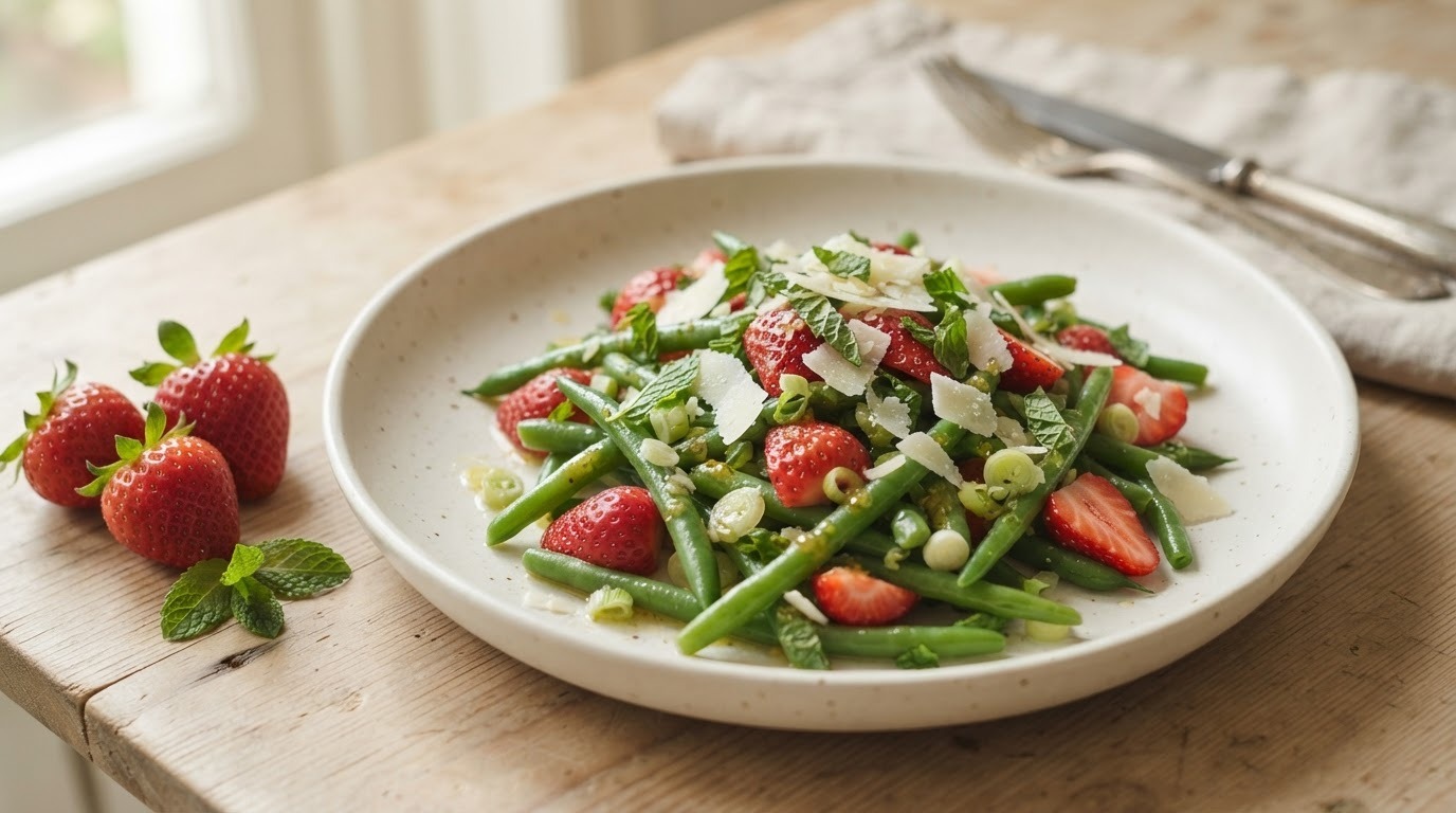 Salade van sperziebonen met verse munt en aardbeien