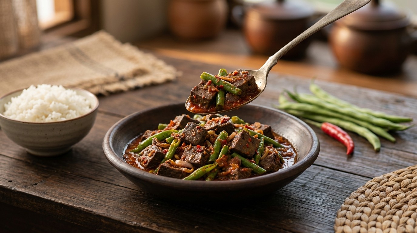 Sambal Goreng ati (licht Pittige Varkenslever met Snijbonen)