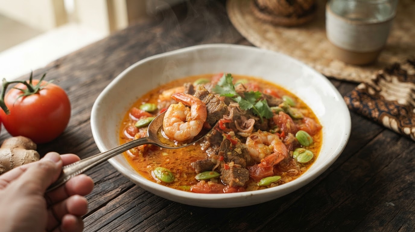 Sambal goreng basah (licht pittig rundvlees met garnalen)