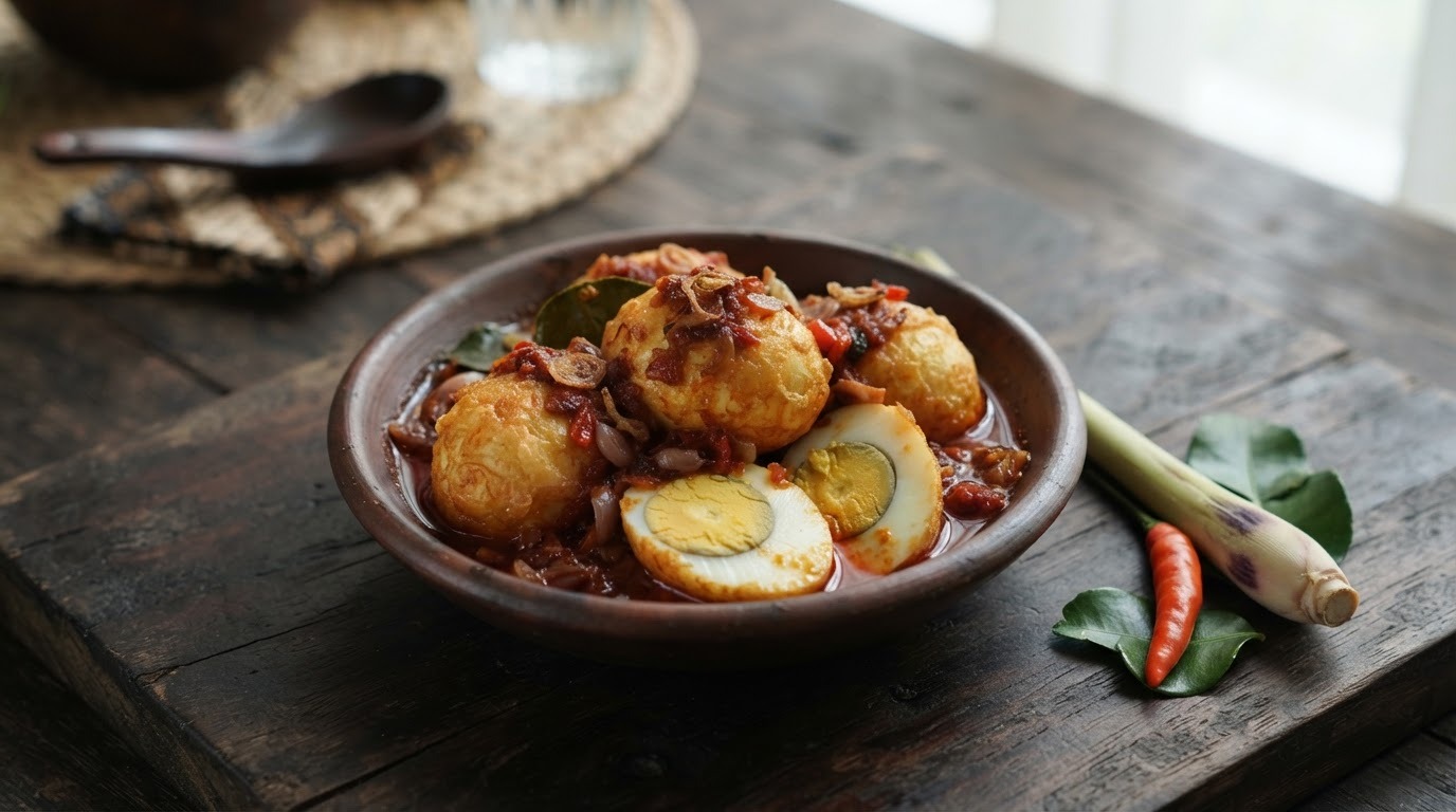 Sambal goreng telor (Gefrituurde sambal eieren)