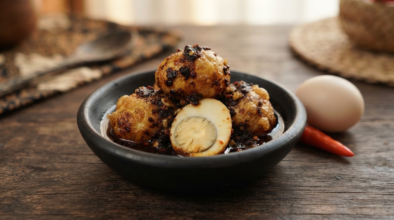 Sambal goreng telor petis (pittige gefrituurde eieren)
