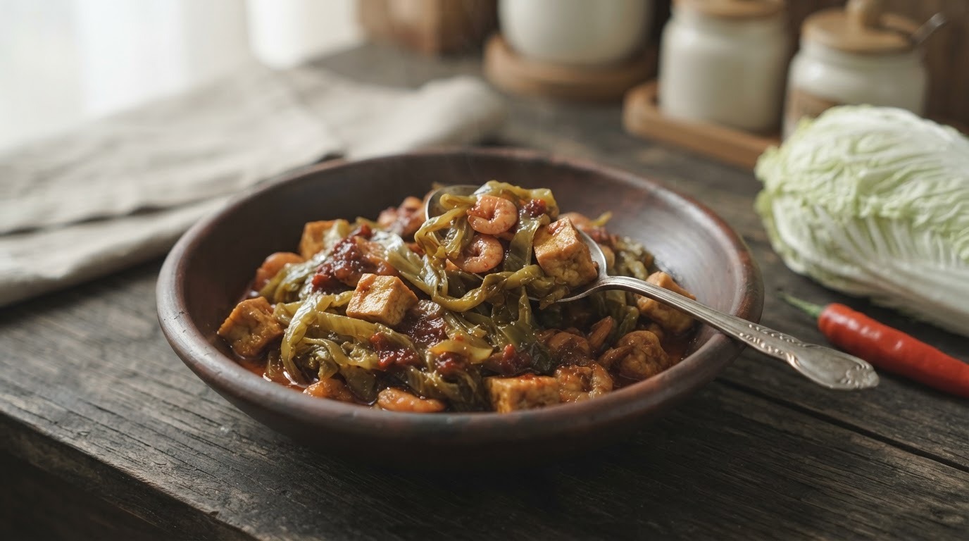 Sambal goreng van gezouten chinese kool (sawi asin)