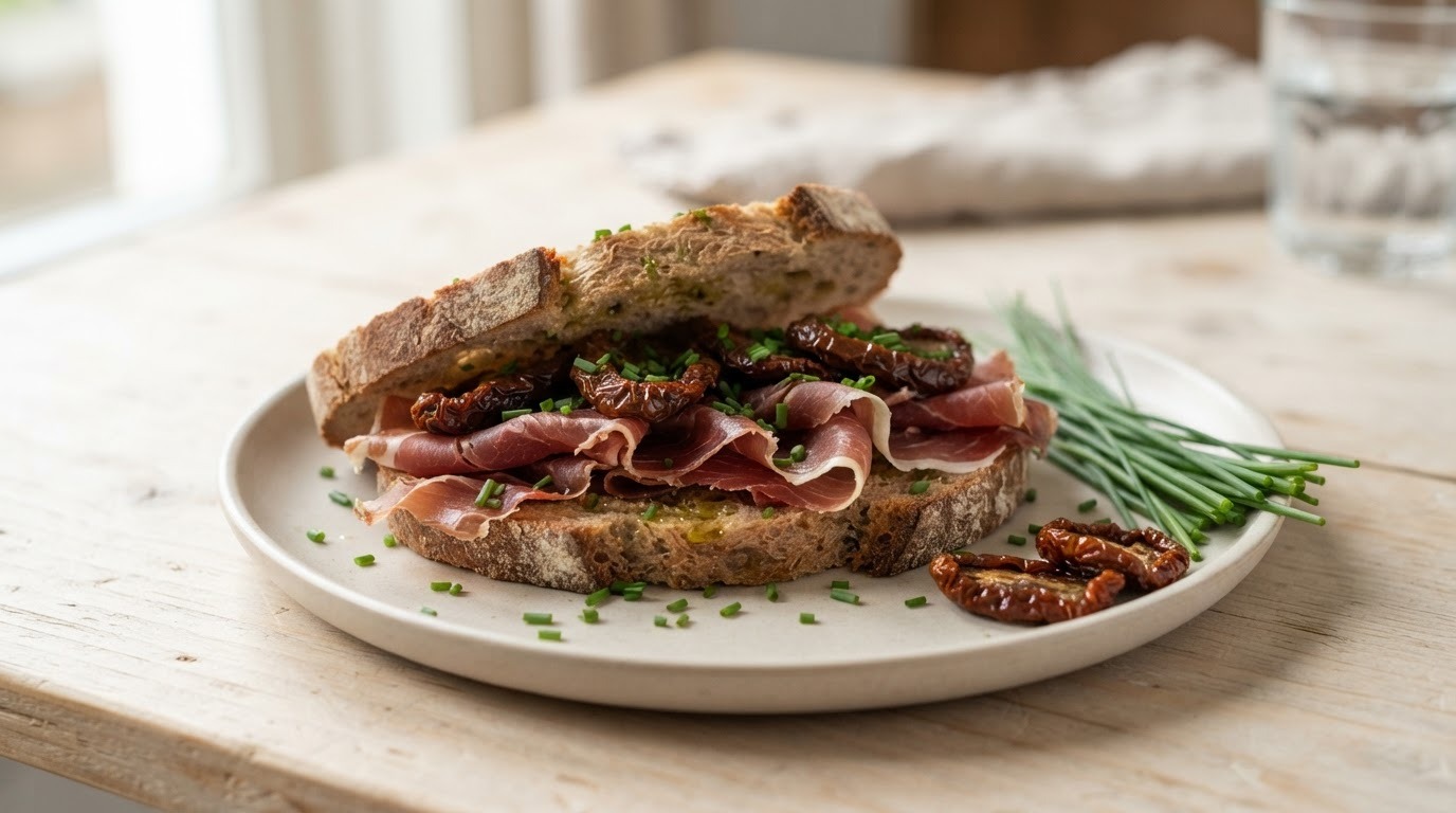 Sandwich met serranoham en zongedroogde tomaten