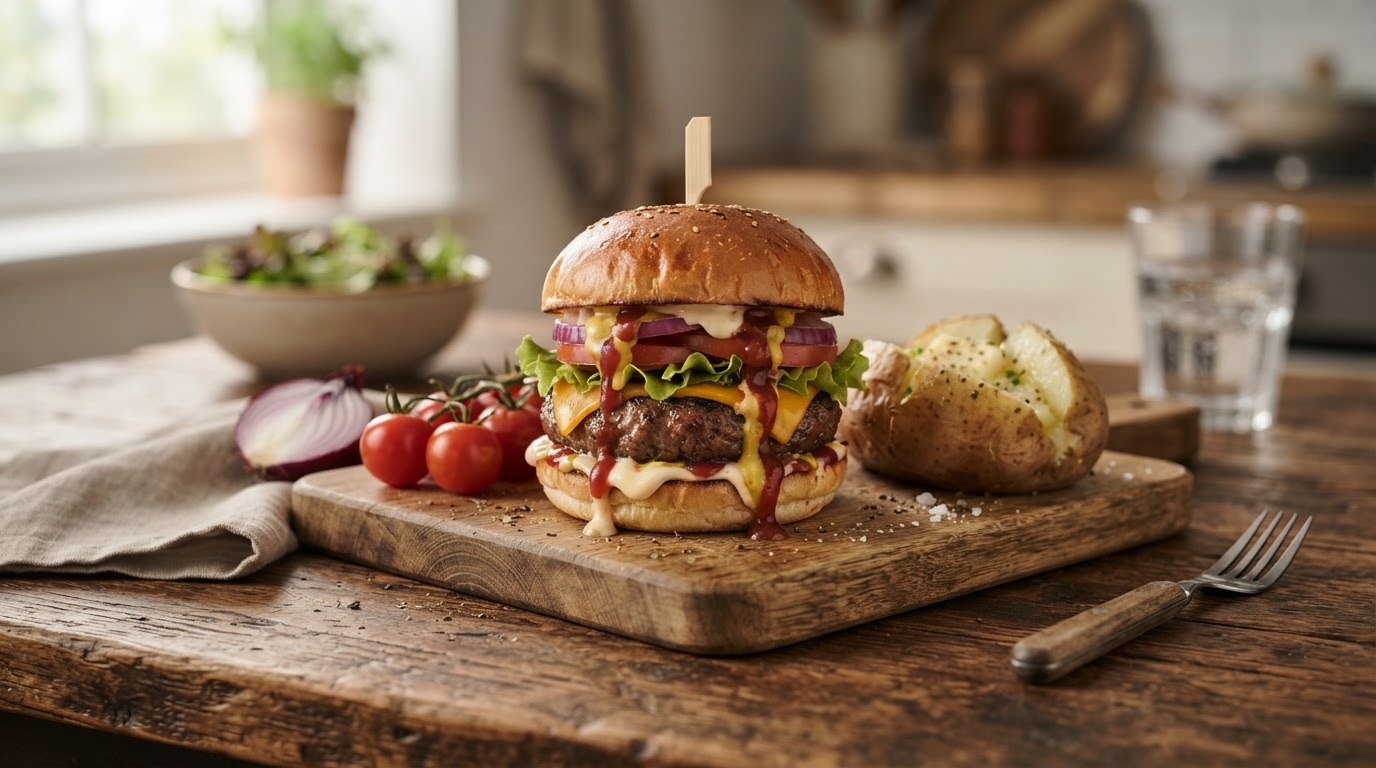 Sappige hamburgers met gepofte aardappels
