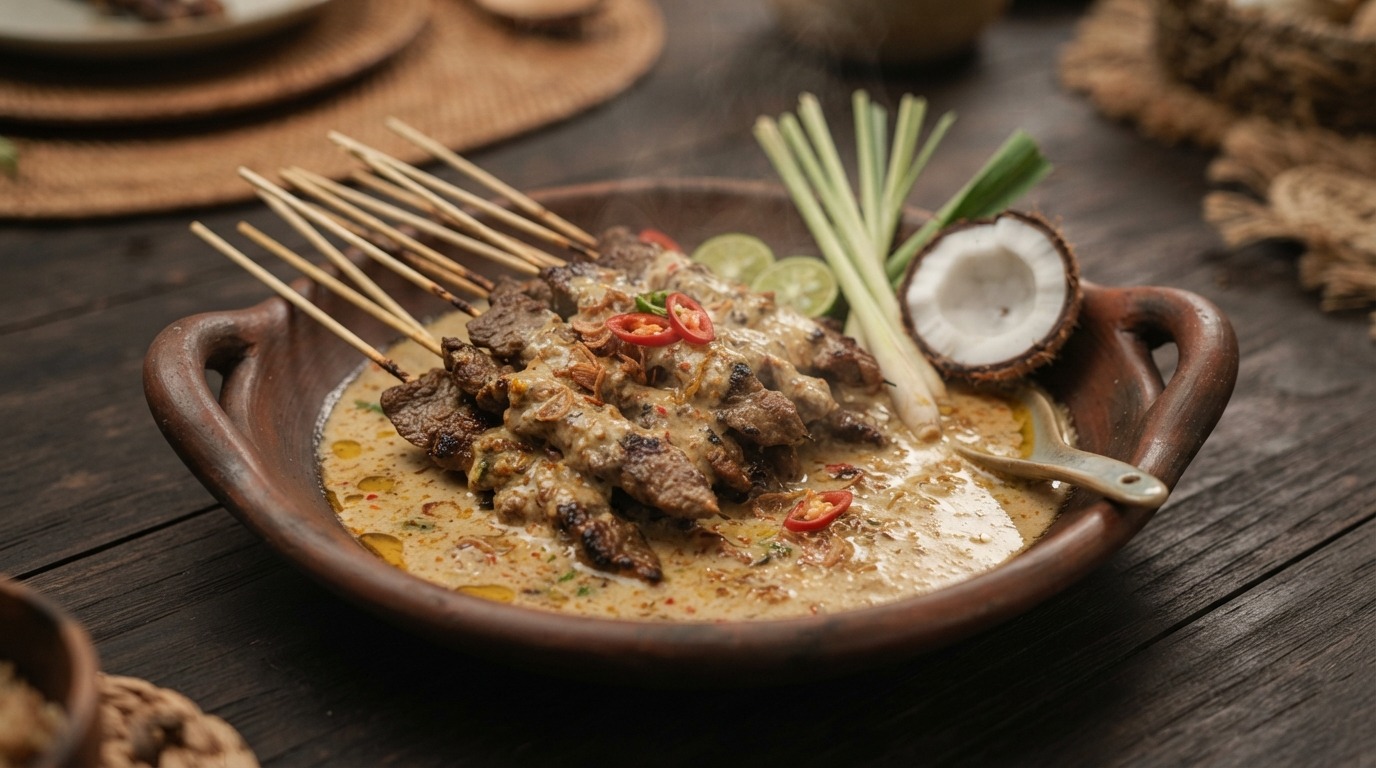 Saté Komoh (runderspiesjes in kokossaus)