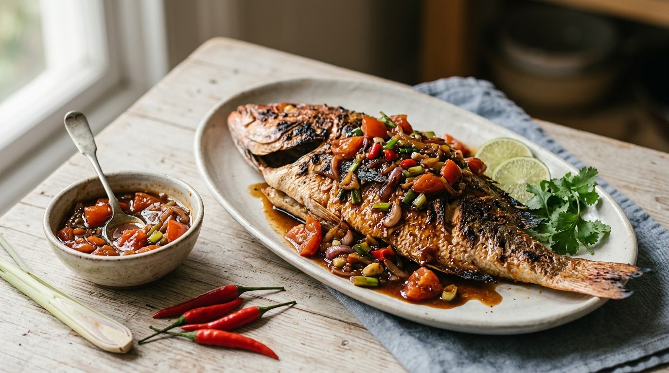 Saus van Tomaat en Ketjap bij Geroosterde of Gebakken vis