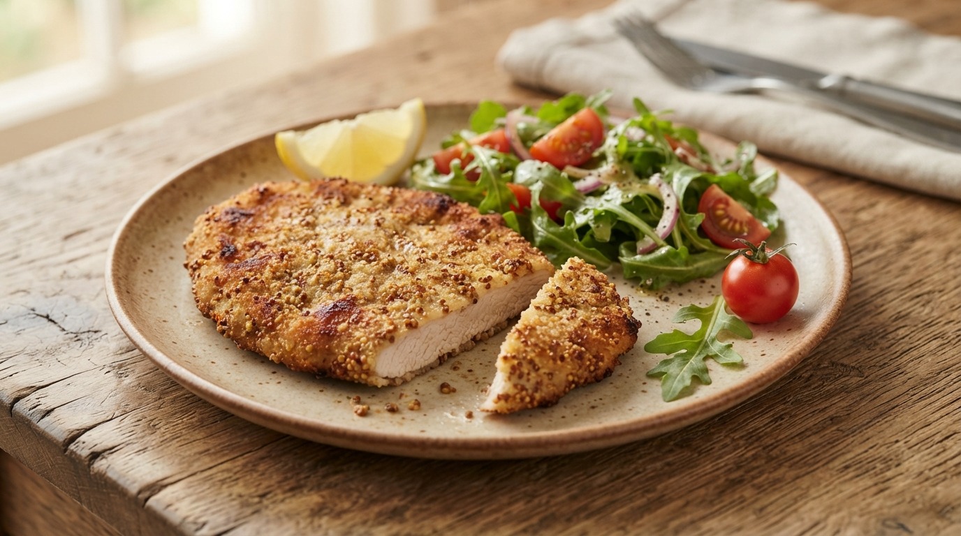 Schnitzel met een mosterdkorstje en rucolasalade