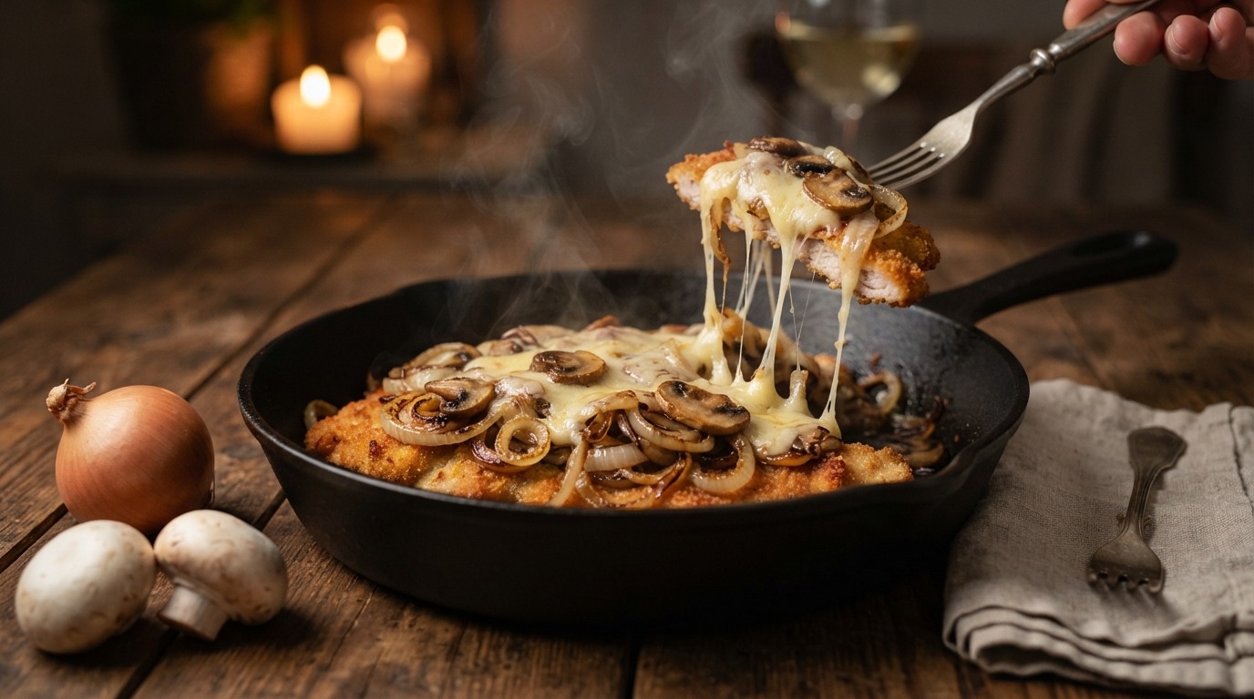 Schnitzel met ui, champignons en kaas