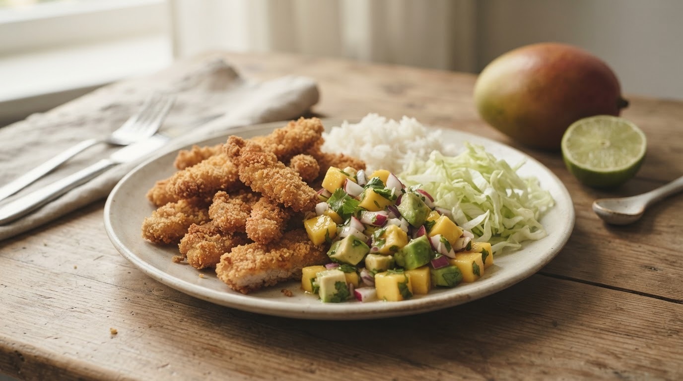 Schnitzelreepjes met mango-avocadosalsa