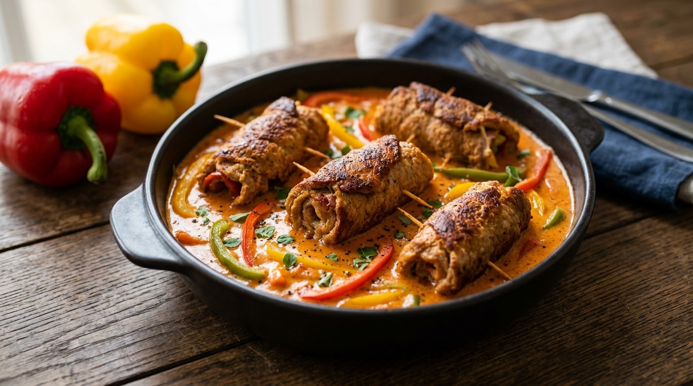 Schnitzelrolletjes in Paprikaroomsaus