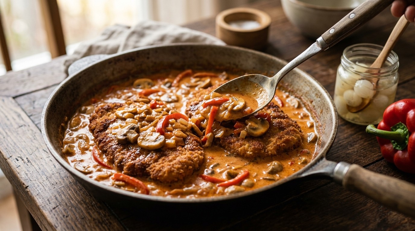 Schnitzels in Stroganofsaus