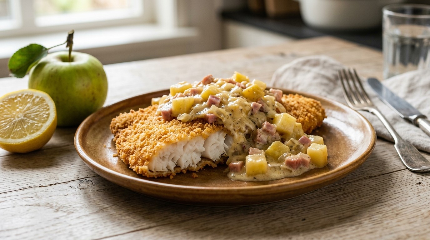 Scholfilet met Appel-kaas-hamsaus