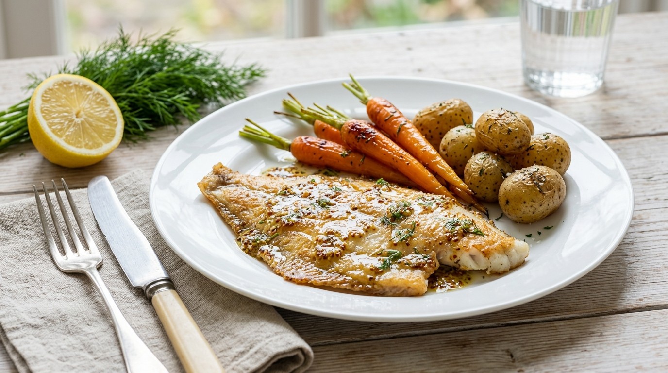 Scholfilet met Mosterd-dressing en Bospeen
