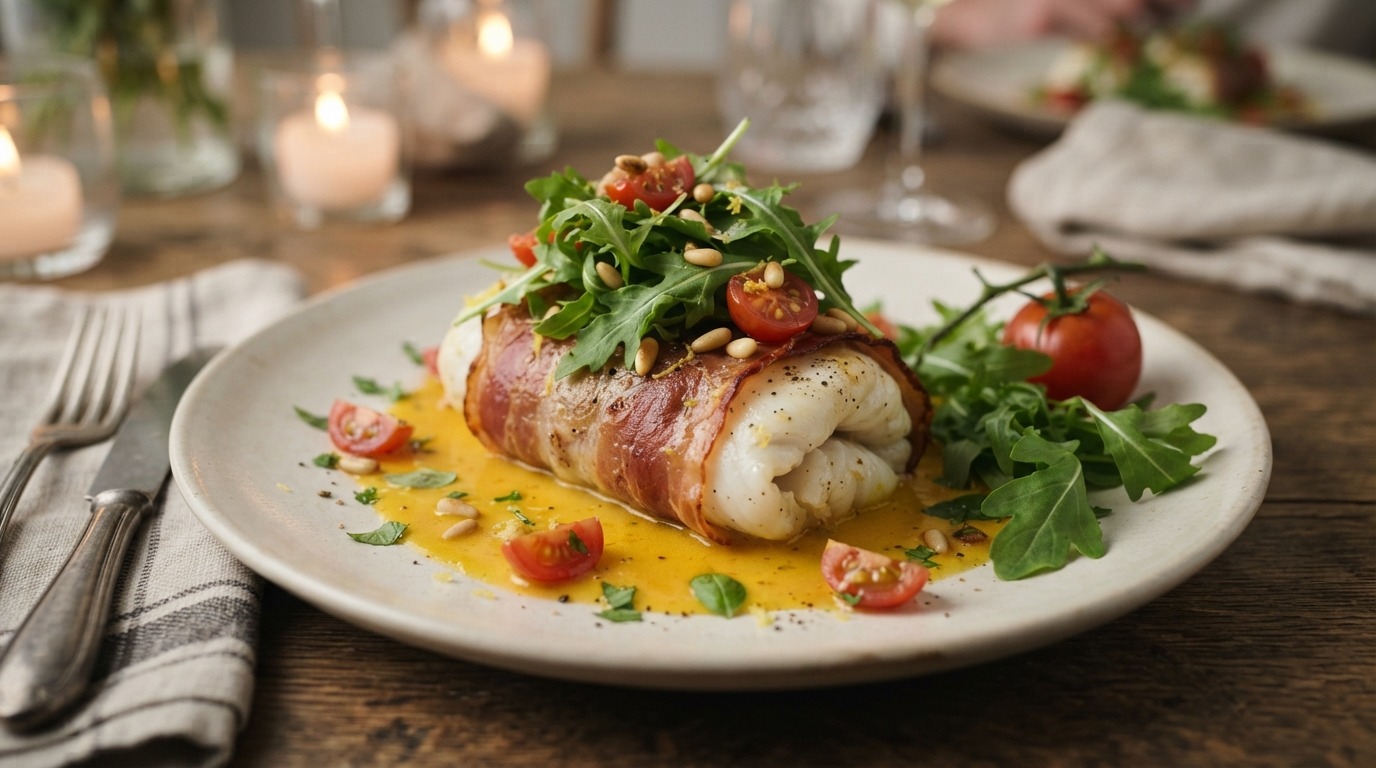 Scholfilet met parmaham, rucola en saffraansaus