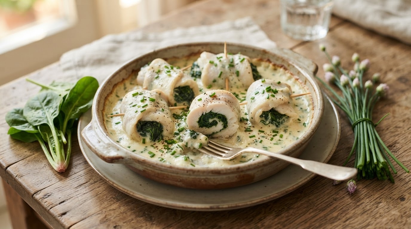 Scholrolletjes met spinazie en kaas-bieslook saus
