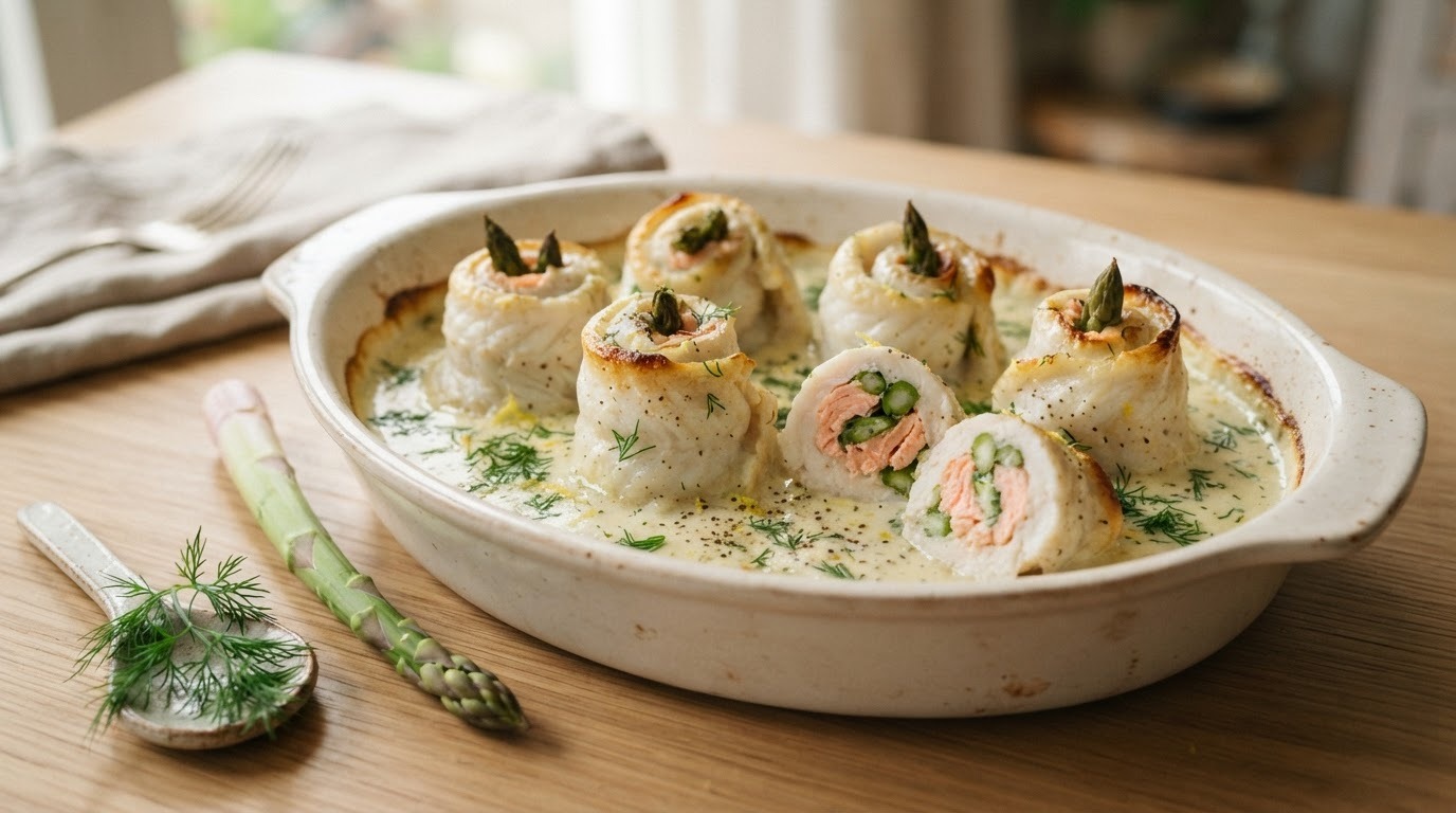 Scholrolletjes met zalm en asperges in dilleroomsaus