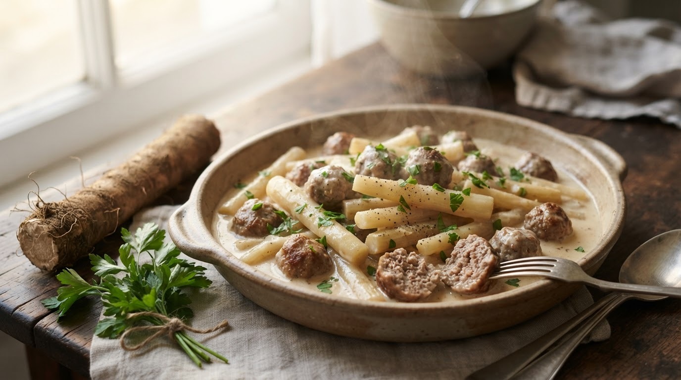 schorseneren met bolletjes gehakt
