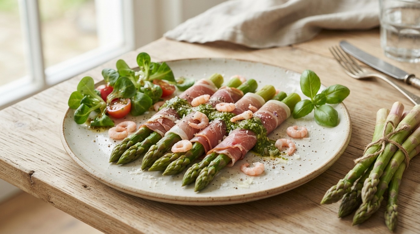 Serranohamrolletjes met groene asperges
