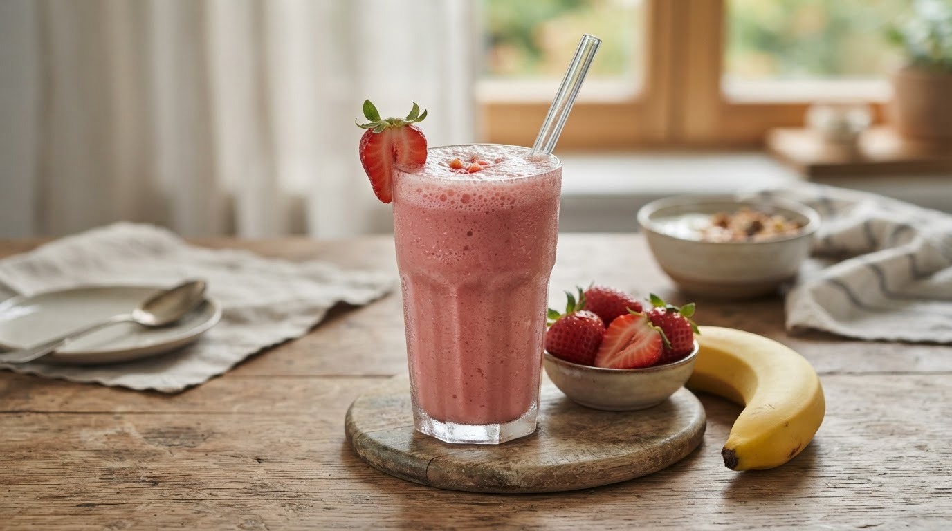 Shake van aardbei, banaan en sinaasappelsap