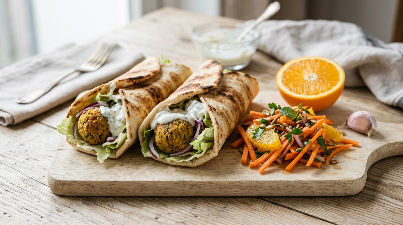 Shoarmabroodjes met Groenteballetjes en Wortel-sinaasappelsalade