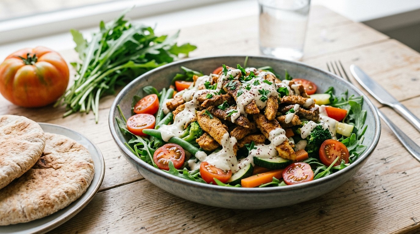 Shoarmasalade met stoomgroenten