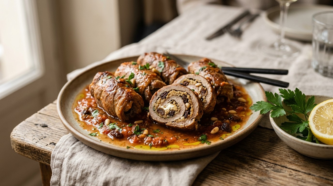 Siciliaanse vleesrolletjes gevuld met geitenkaas en rozijnen