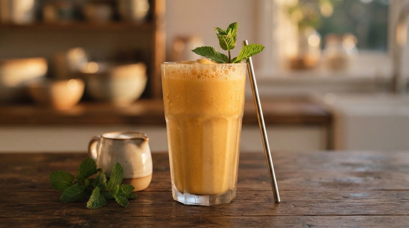 Sinaasappel-mangoshake met munt