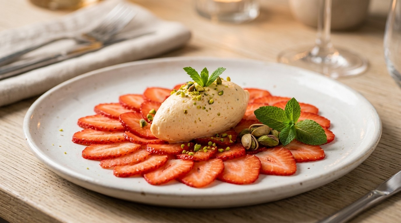 Sinaasappelmousse op Aardbeiencarpaccio