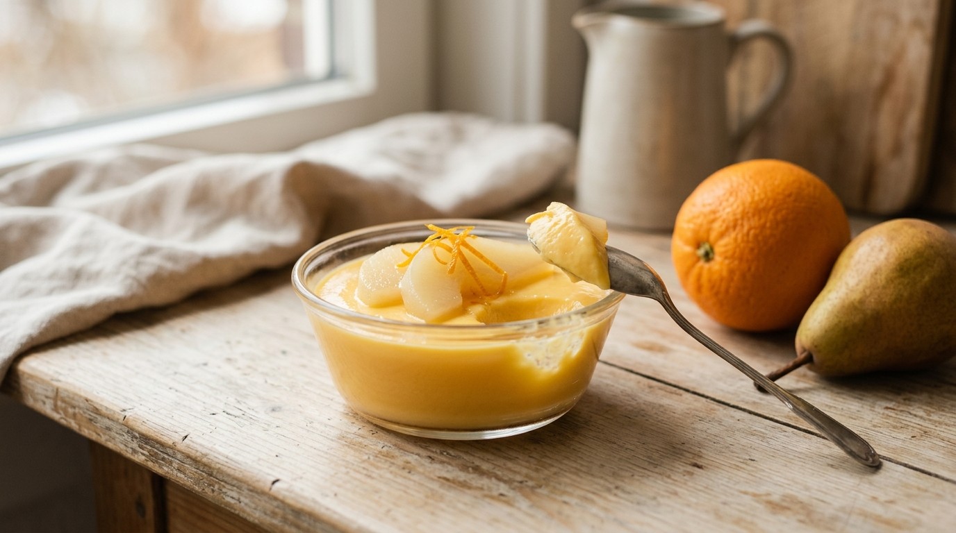 Sinaasappelpudding met Peren