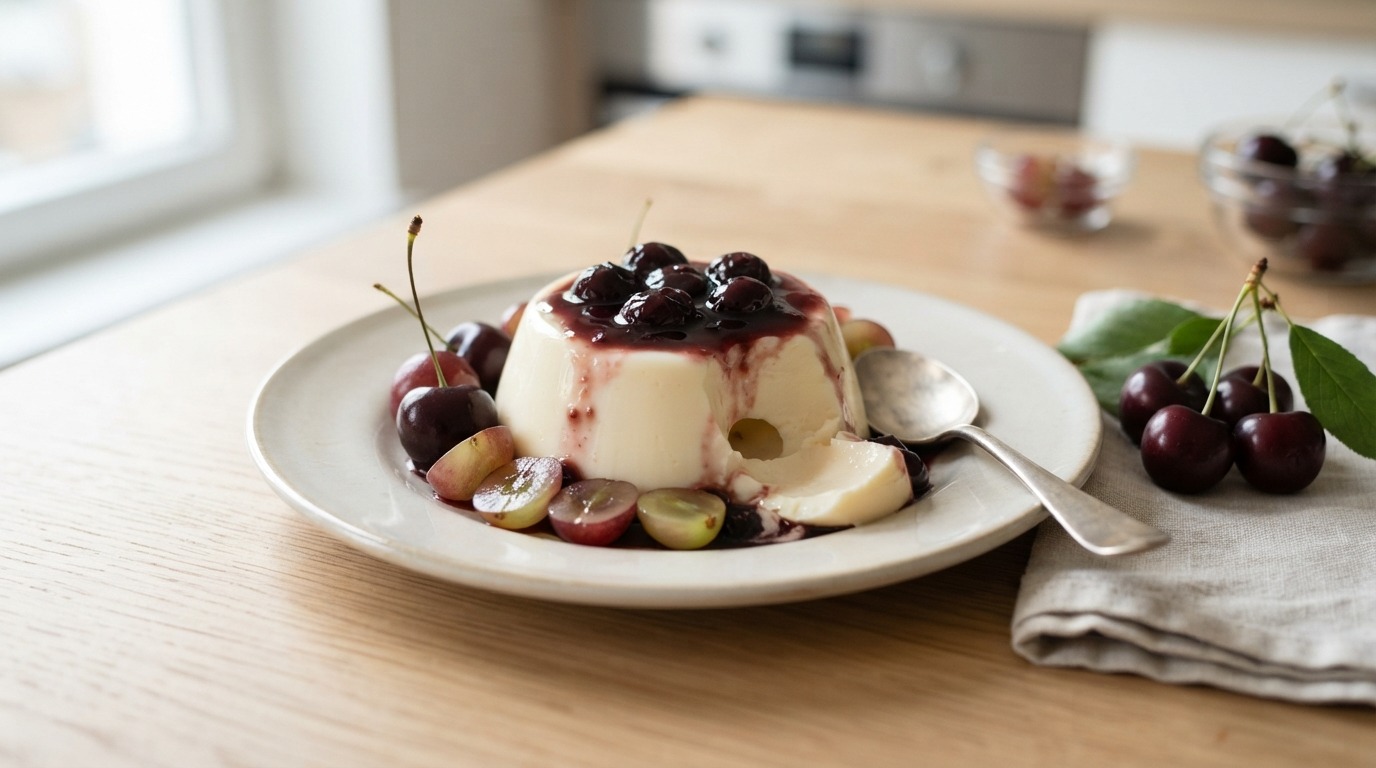 Slagroompudding met kersen