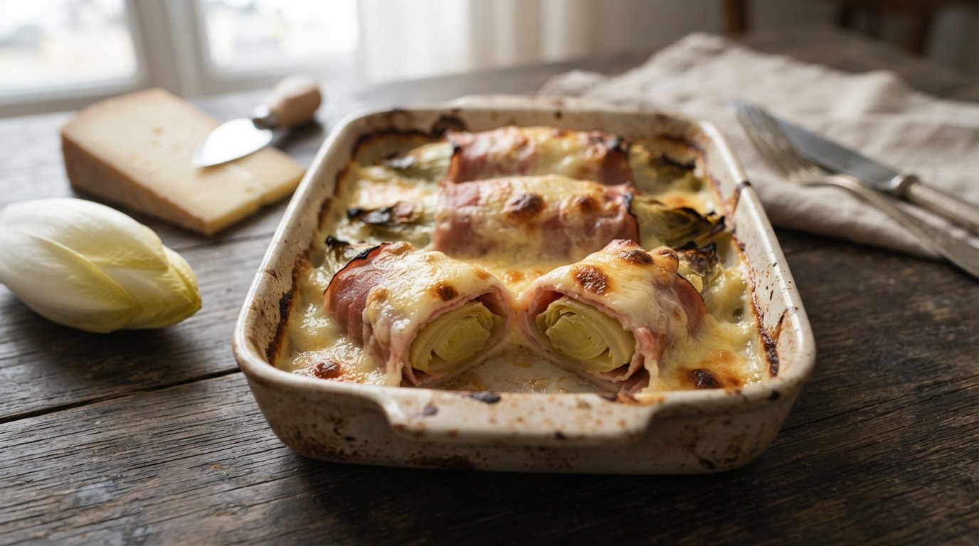 Snelkookpan witlof met ham en kaas