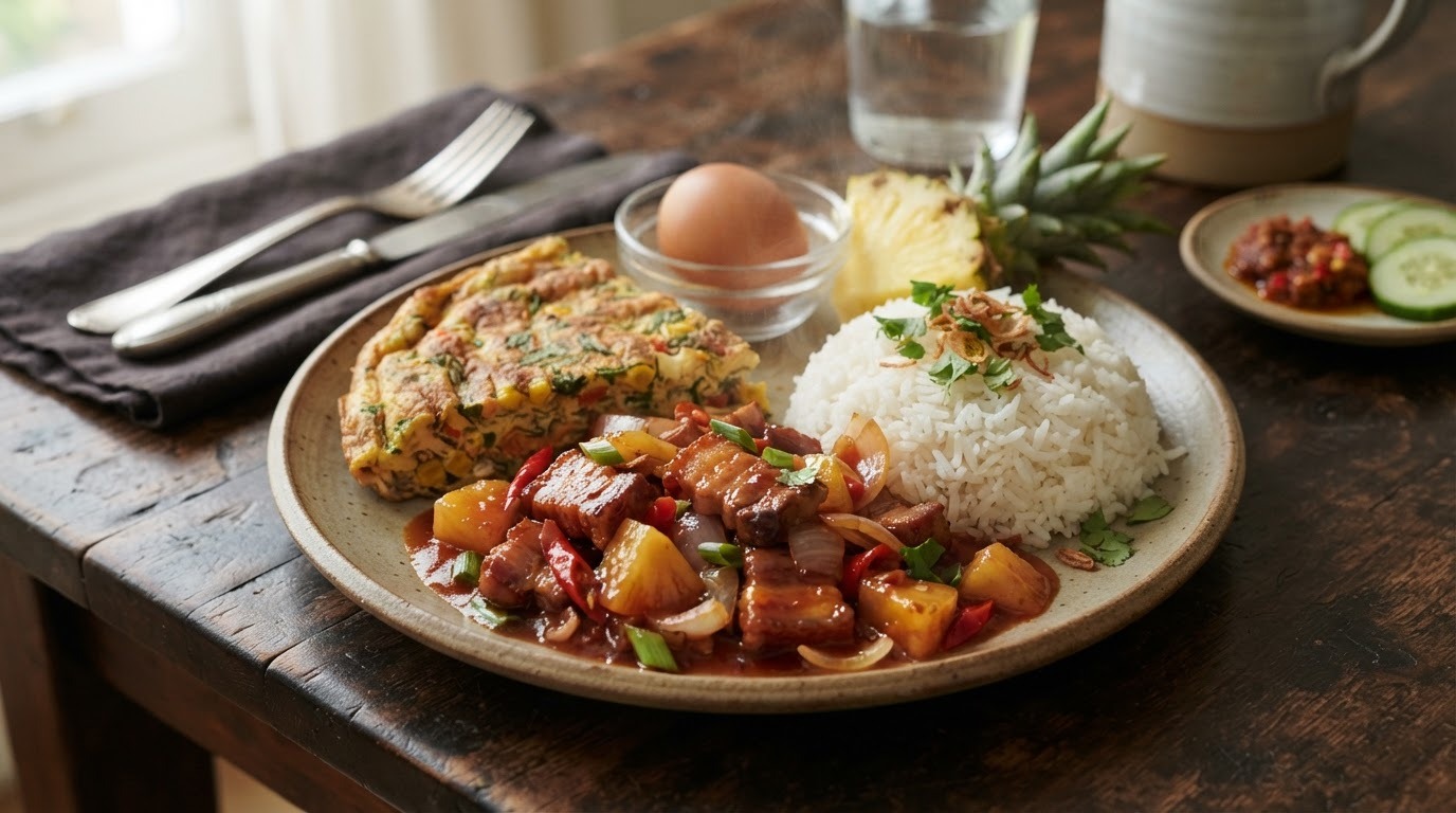 Snelle babi pangang met spek en boerenomelet