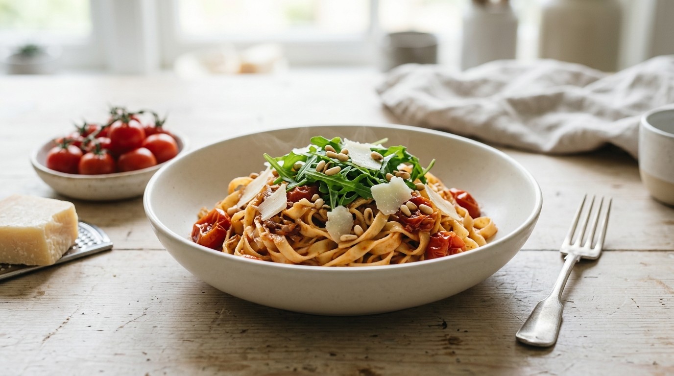 Snelle Pasta met Verse Tomatensaus Rucola en Parmezaan