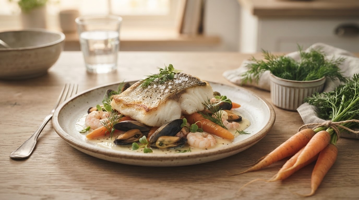 Snoekbaars met bospeen, mosselen en garnalen