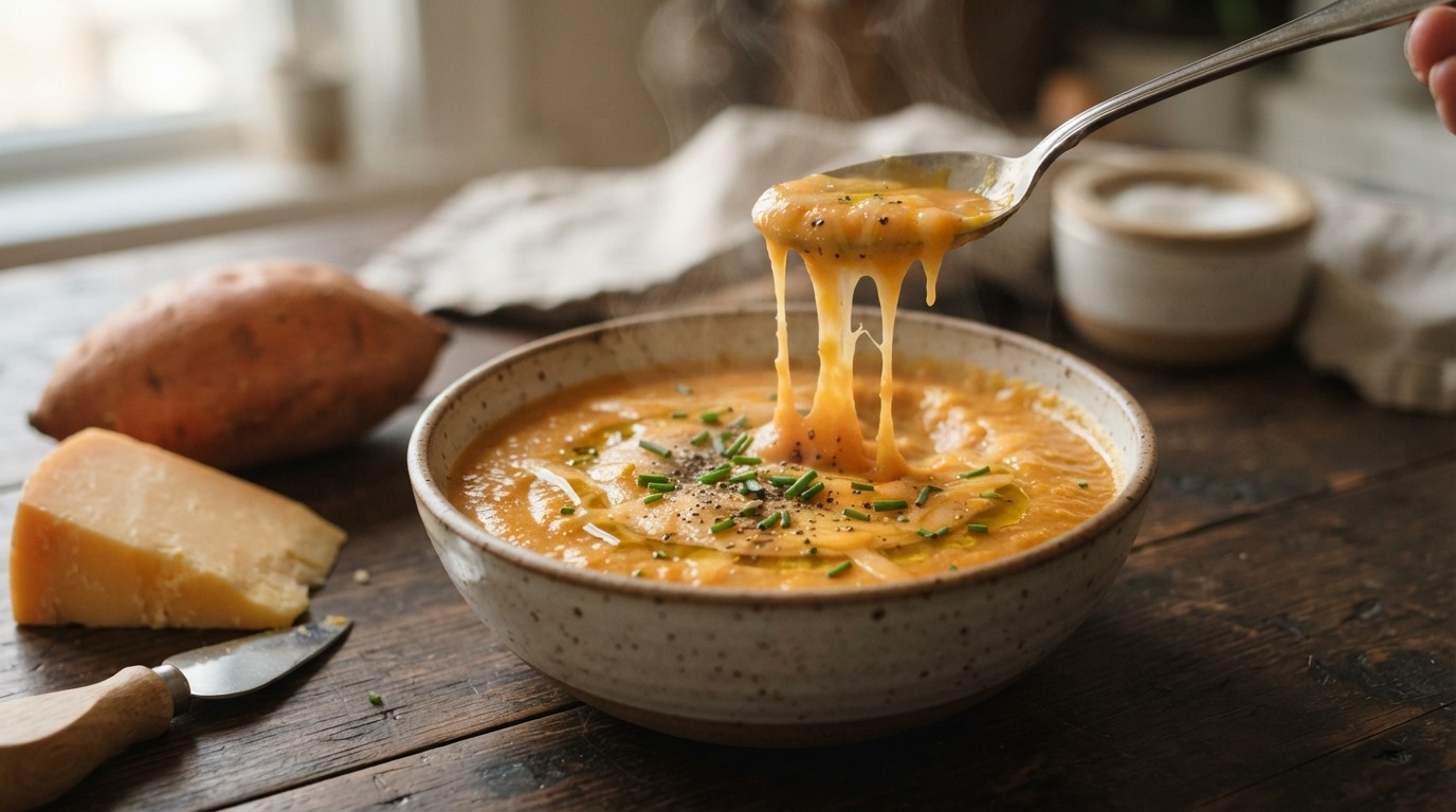 Soep van bataat, cheddar en bieslook