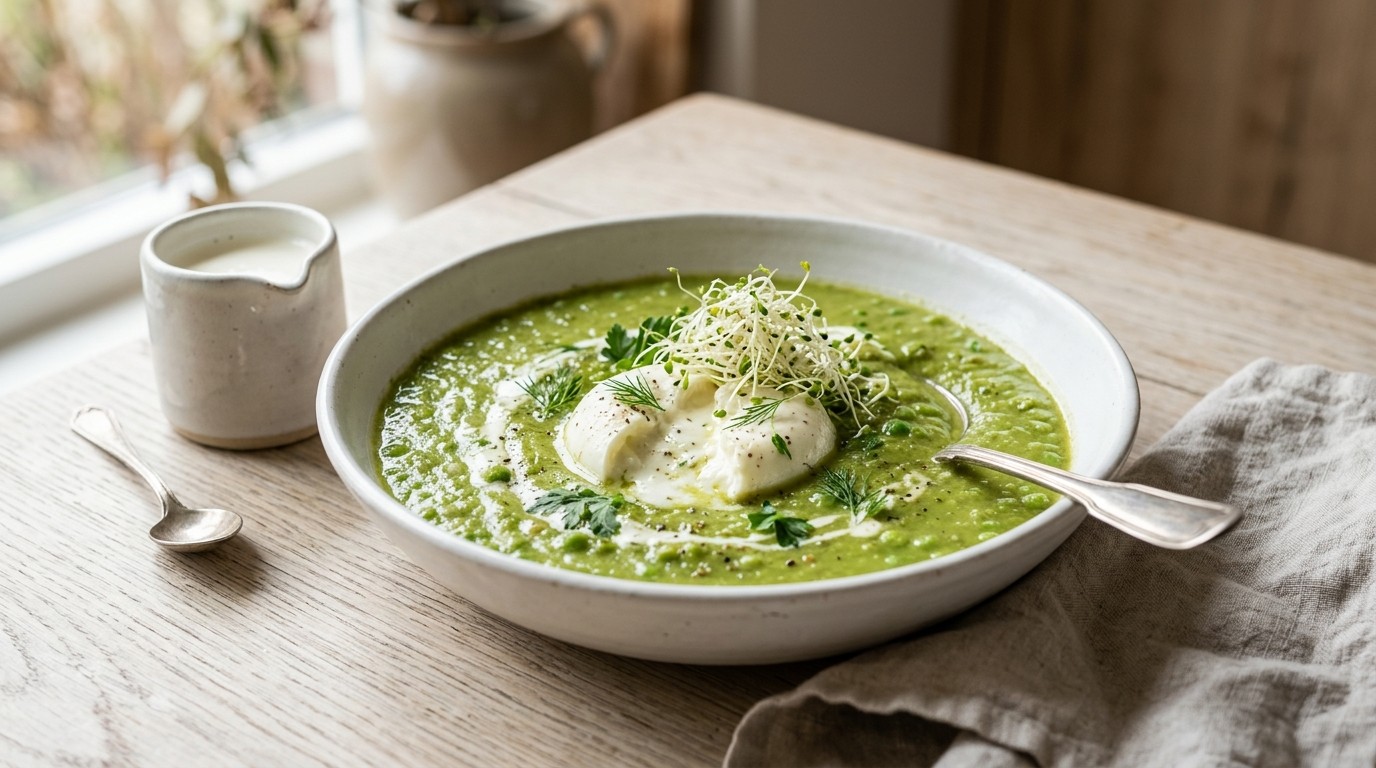 Soep van doperwten met mozarella