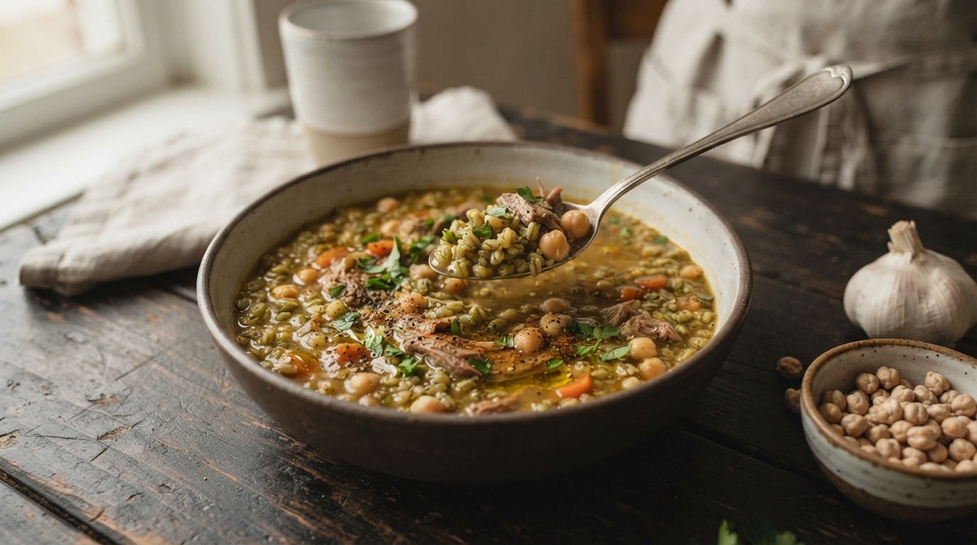 Soep van freekeh en kikkererwten