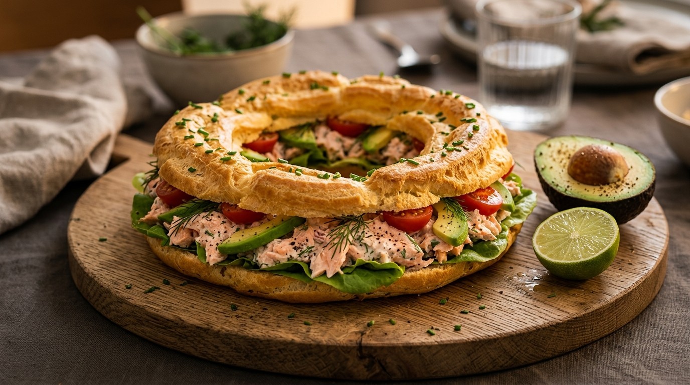 Soesjeskrans met zalmsalade en avocado