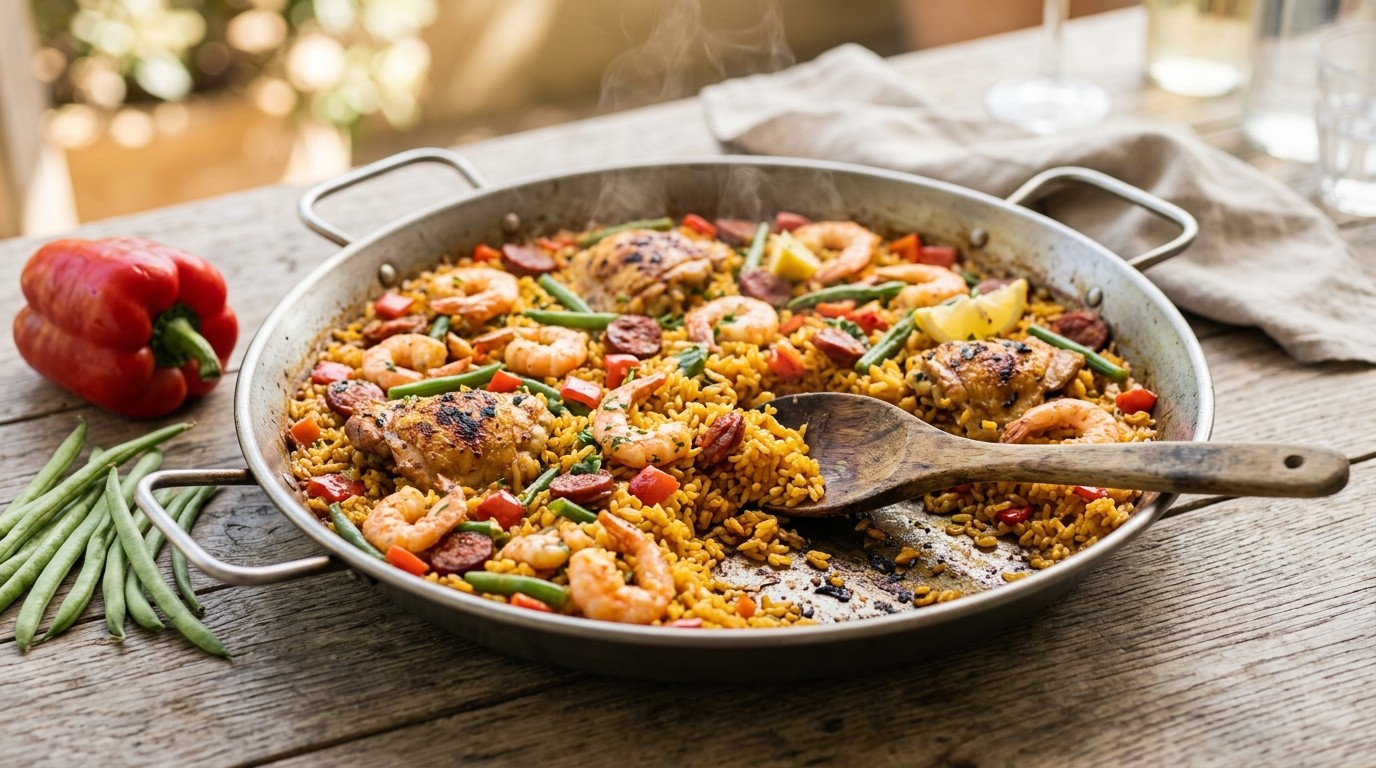Spaanse rijstschotel met kip en garnalen