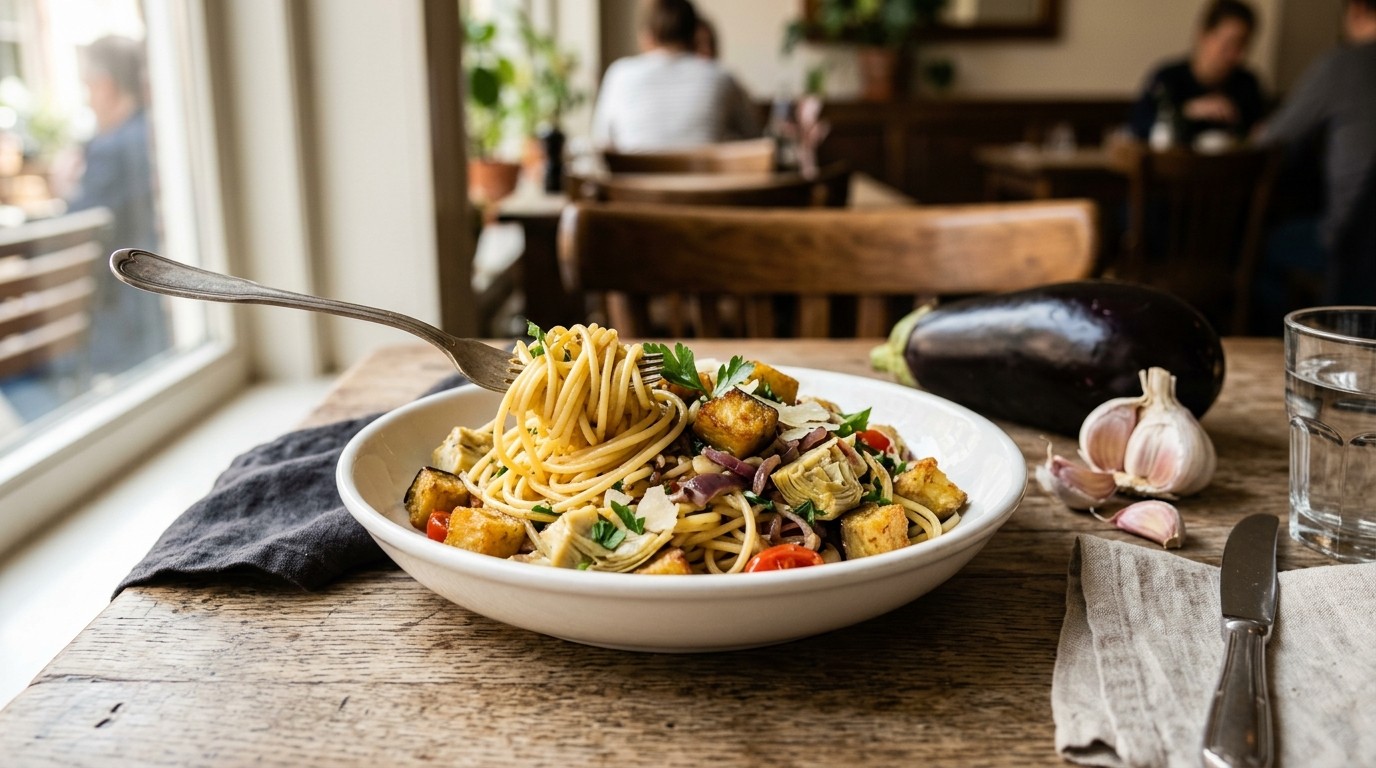 Spaghetti met Aubergine en Artisjokharten