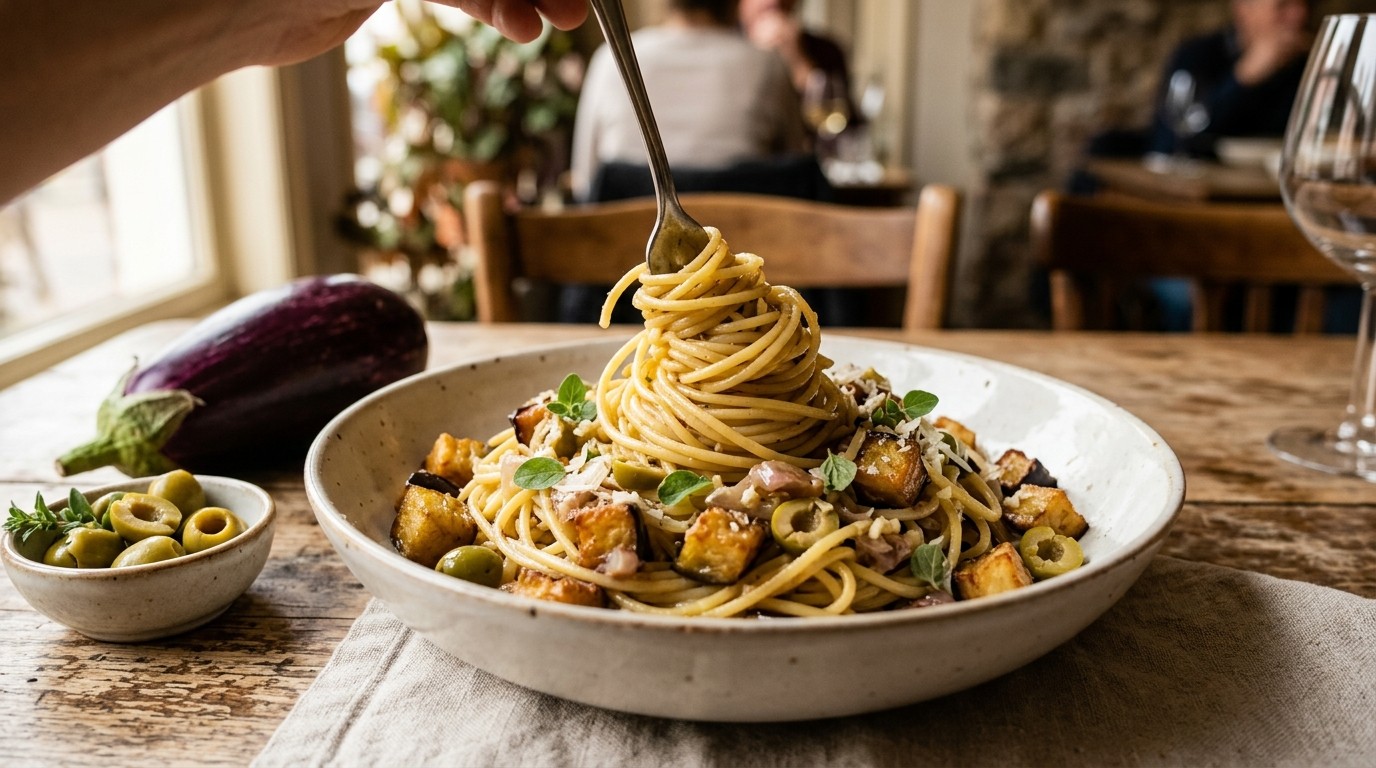 Spaghetti met aubergine, sjalotjes, knoflook en groene olijven
