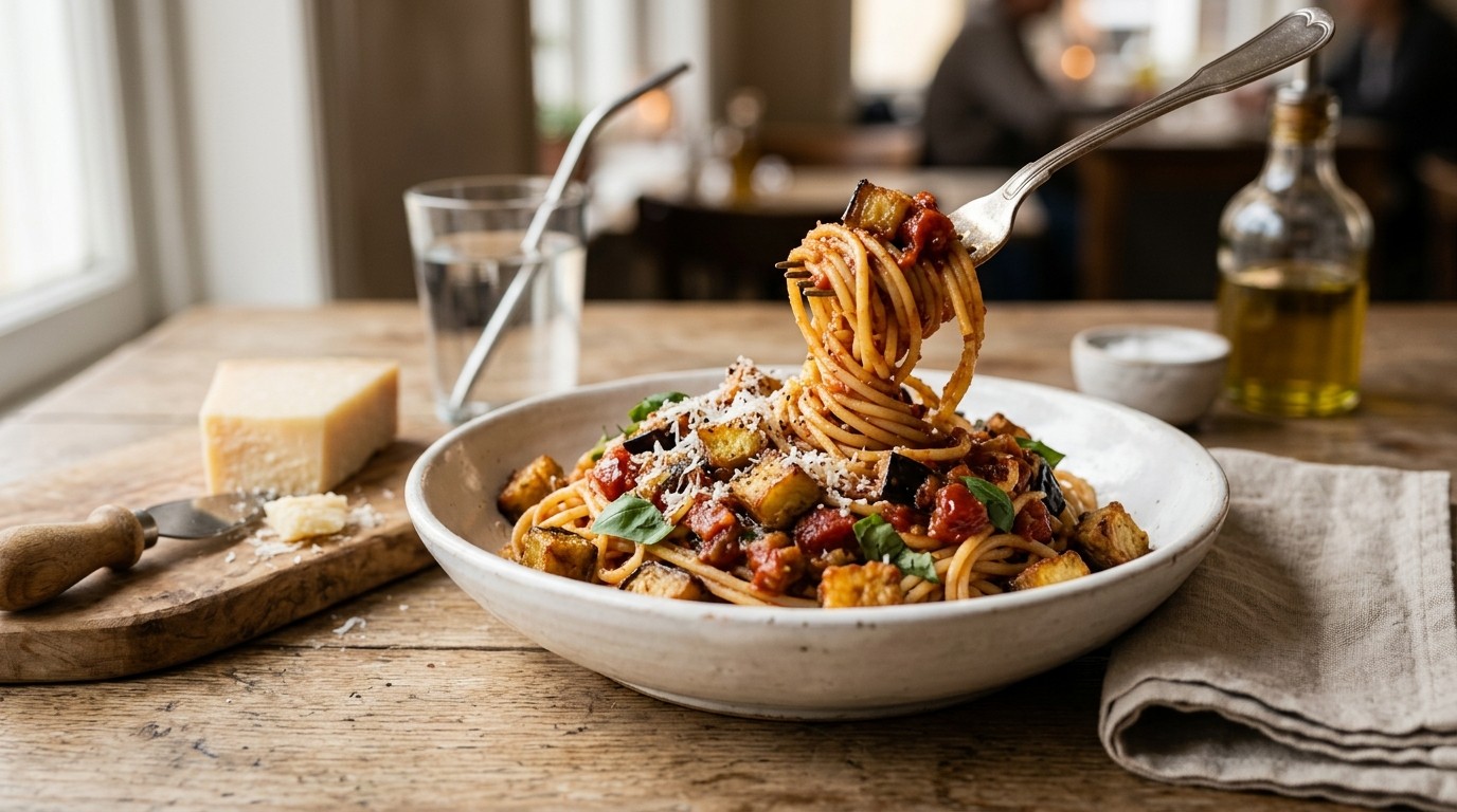 Spaghetti met aubergine, tomaten en basilicum