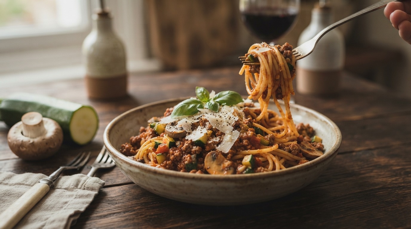 Spaghetti met champignon-gehaktsaus