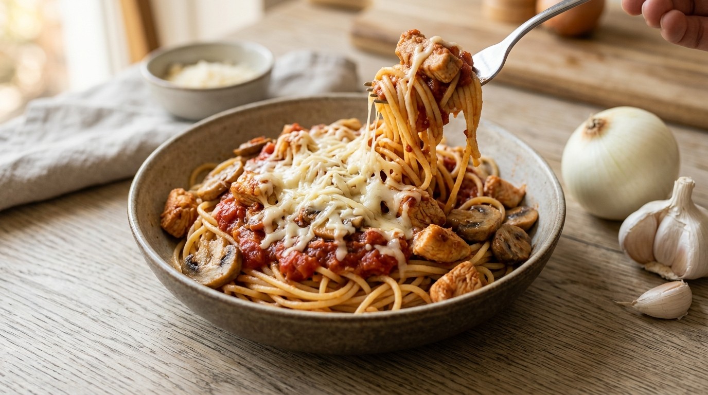 Spaghetti met champignon-kipsaus