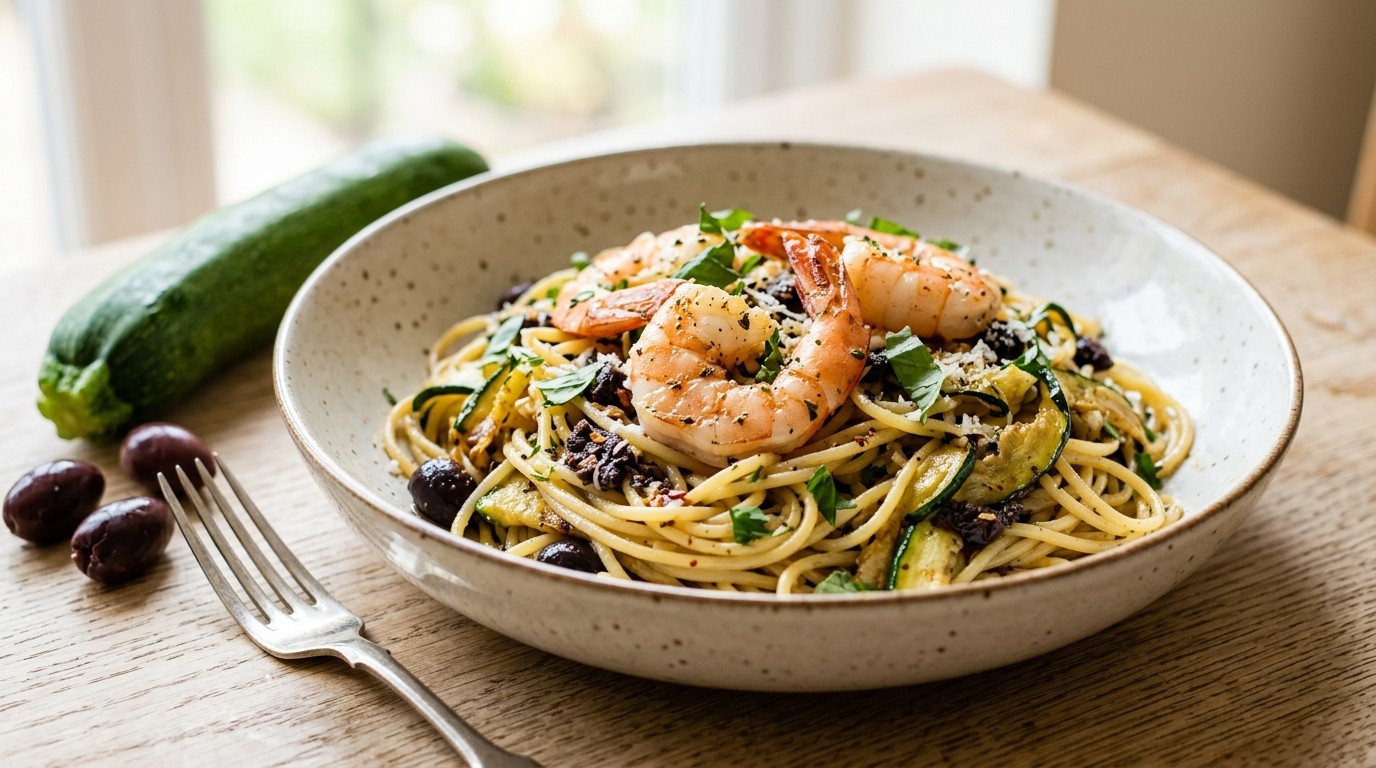 Spaghetti met Courgette en Tapenade